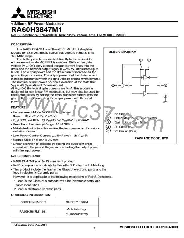 RA60H3847M1A 三菱 470MHz 60W RF モデュール 1個 【公式通販】